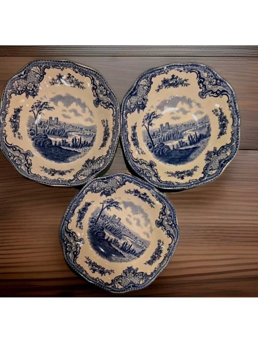 3 Vintage Johnson Brothers "Old Britain Castles" Blue Fruit Dessert Bowls 6"